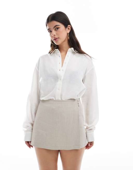 ASOS DESIGN – Kamiennobeżowe kopertowe spódnicospodnie z imitacji lnu, 5 z 5