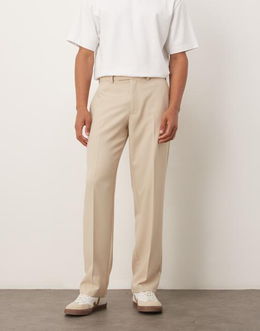 ASOS DESIGN – Kamiennobeżowe proste spodnie garniturowe z mieszanki lnu 