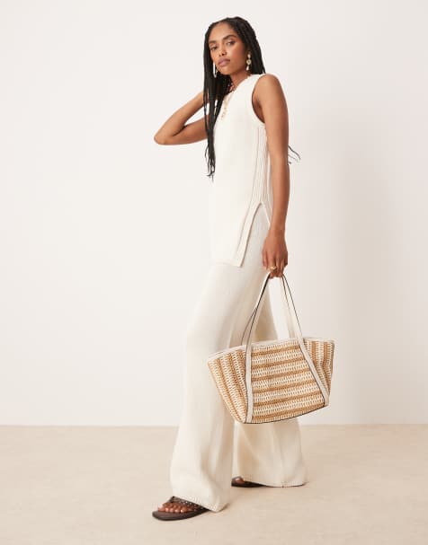 ASOS DESIGN co-ord heavyweight clean knit wide leg trousers in stone