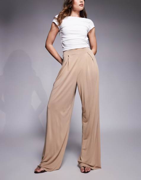 ASOS DESIGN co-ord soft handle pleated wide leg trousers in stone