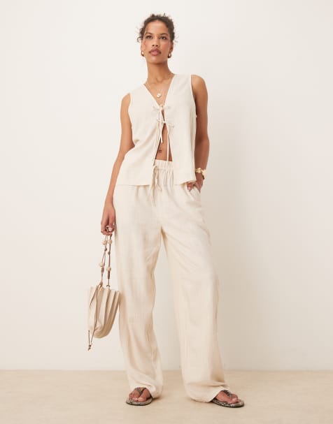 ASOS DESIGN linen look pull on trousers in stone
