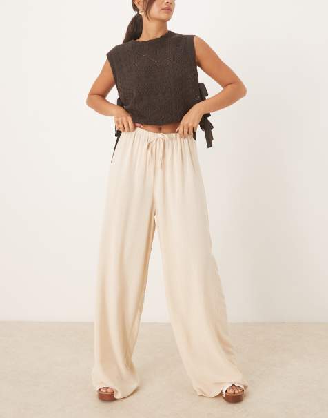 ASOS DESIGN linen blend pull on trouser in stone