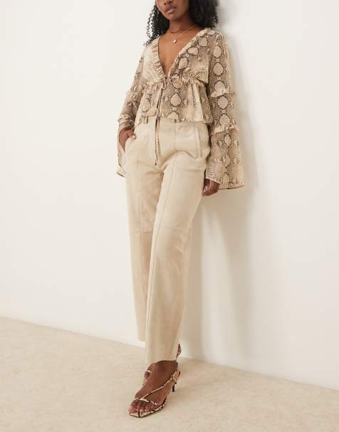 ASOS DESIGN premium suede barrel trousers in with seam detail in stone