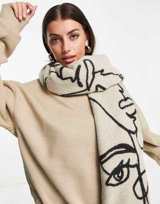 ASOS DESIGN – Kamiennobeżowo-czarny szalik z tkaniny żakardowej z abstrakcyjnym motywem twarzy