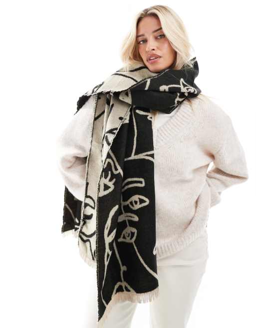 ASOS DESIGN – Kamiennobeżowo-czarny szalik z tkaniny żakardowej z abstrakcyjnym motywem twarzy