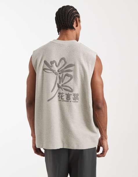 ASOS DESIGN – Kamiennobeżowy bardzo gruby top oversize bez rękawów z fakturowanej krepy o splocie bouclé z wypukłym nadrukiem na plecach - view 1
