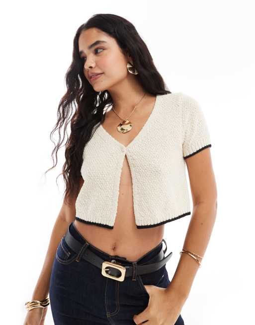 ASOS DESIGN – Kamiennobeżowy dzianinowy kardigan z rozcięciem z przodu i kontrastową lamówką