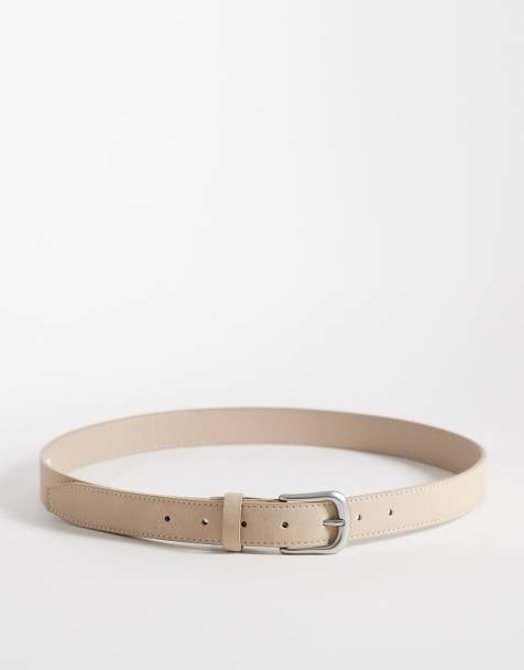 ASOS DESIGN – Kamiennobeżowy elegancki pasek z imitacji zamszu z ćwiekiem i zaokrągloną sprzączką w kolorze szczotkowanego srebra - view 1