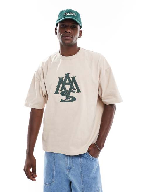 ASOS DESIGN – Kamiennobeżowy gruby T-shirt o pudełkowym kroju oversize 220 g/m² z grafiką na piersi