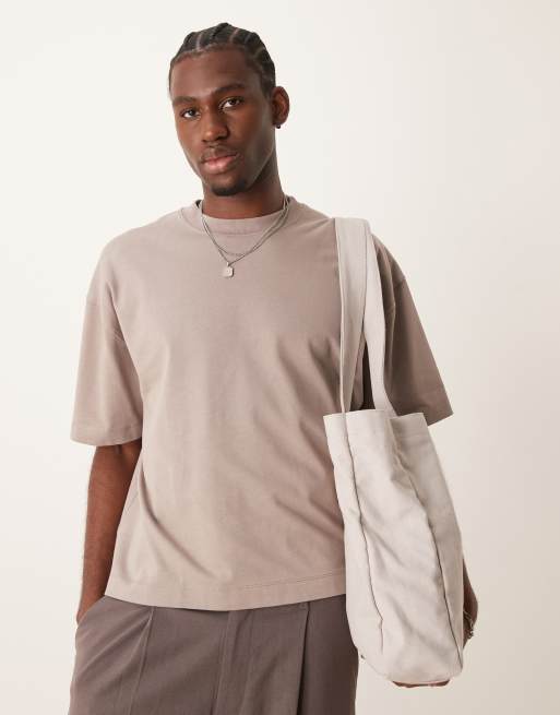 ASOS DESIGN – Kamiennobeżowy gruby T-shirt premium oversize o pudełkowym kroju