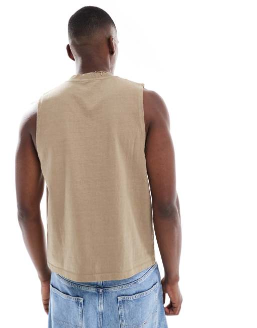ASOS DESIGN – Kamiennobeżowy gruby top bez rękawów o pudełkowym kroju z okrągłym dekoltem  , 4 z 4