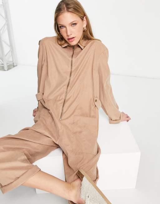 ASOS DESIGN – Kamiennobeżowy kombinezon o pudełkowym kroju z materiału cupro