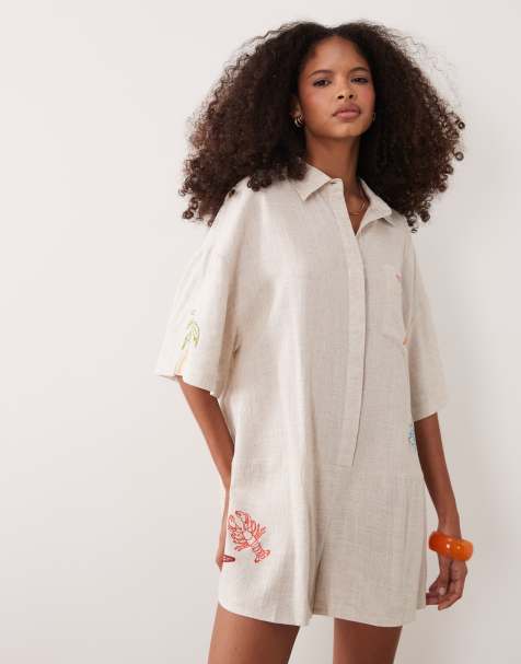 ASOS DESIGN – Kamiennobeżowy kombinezon z krótkim rękawem i haftowanym wzorem - view 1