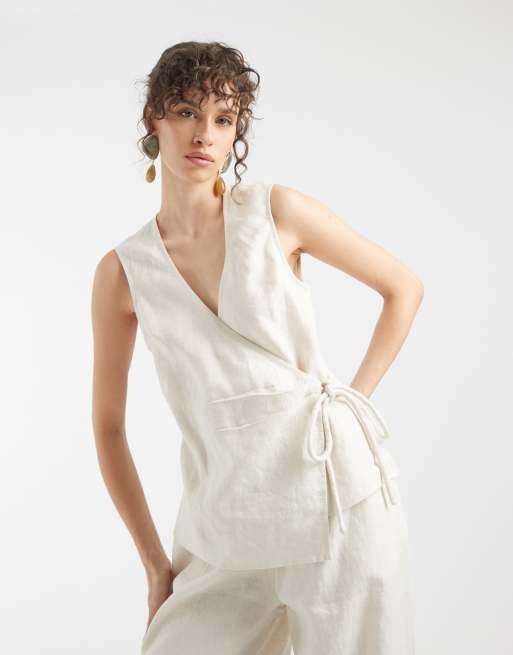 ASOS DESIGN – Kamiennobeżowy lniany kombinezon kopertowy, 2 z 4