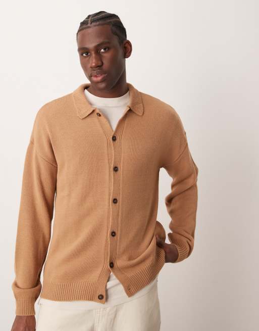 ASOS DESIGN – Kamiennobeżowy luźny kardigan o pudełkowym kroju z kołnierzem
