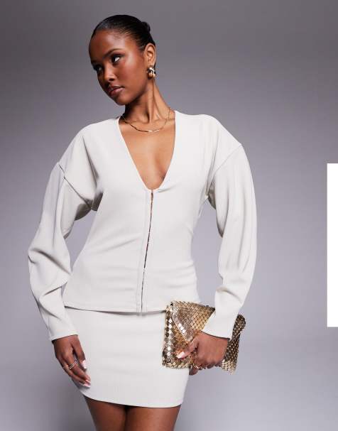 ASOS DESIGN co-ord ribbed balloon sleeve structured top in stone