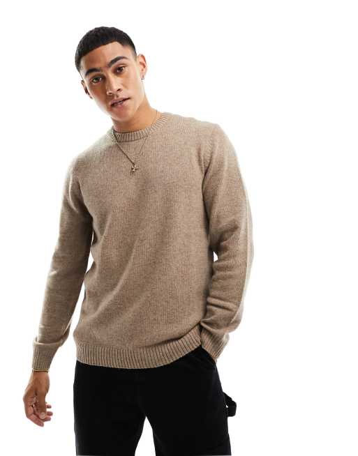 ASOS DESIGN – Kamiennobeżowy sweter z okrągłym dekoltem z owczej wełny