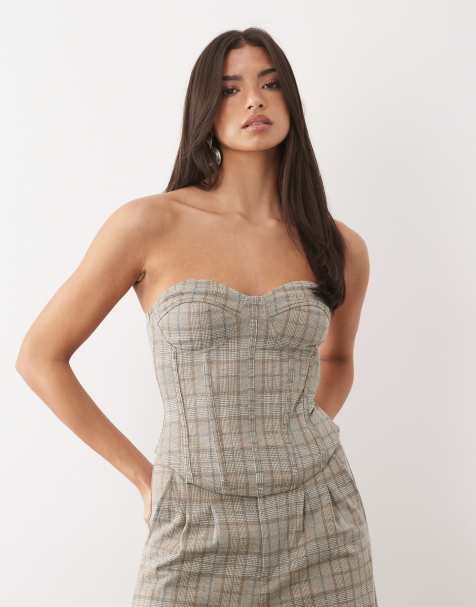 ASOS DESIGN – Kamiennobeżowy szczotkowany top gorsetowy w kratę, część zestawu - view 1