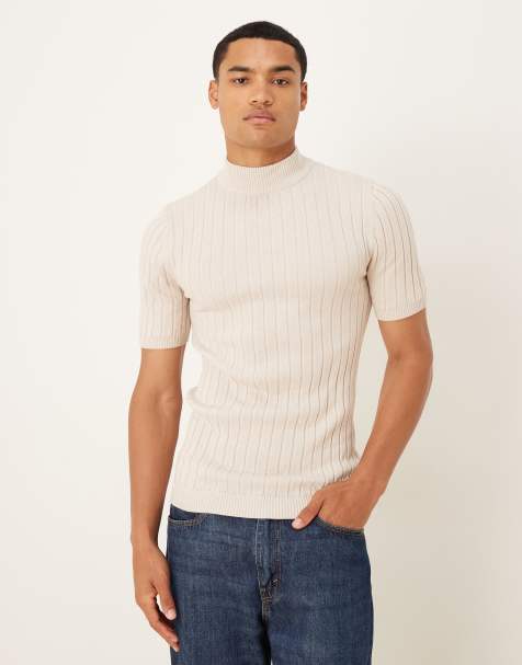 ASOS DESIGN – Kamiennobeżowy T-shirt o kroju podkreślającym sylwetkę z prążkowanej dzianiny z golfem - view 1