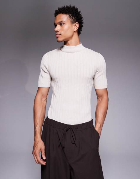 ASOS DESIGN muscle fit knitted rib turtle neck t-shirt in stone
