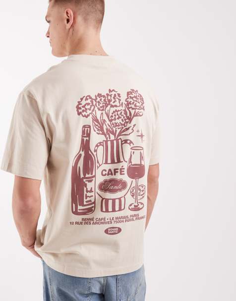 ASOS DESIGN – Kamiennobeżowy T-shirt o luźnym kroju z grafiką kawiarni - view 1