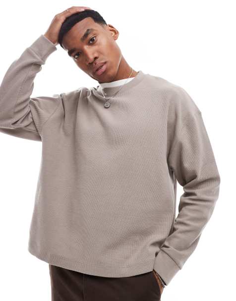ASOS DESIGN – Kamiennobeżowy T-shirt oversize z długim rękawem o pudełkowym kroju i waflowej teksturze - view 1