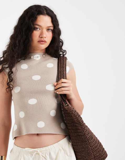 ASOS DESIGN – Kamiennobeżowy top z prostym dekoltem z dzianiny o delikatnym splocie w groszki - view 1