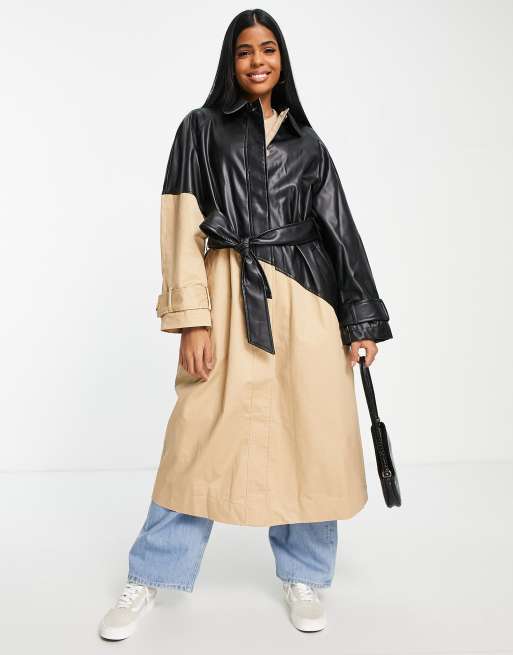 ASOS DESIGN – Kamiennobeżowy trencz z łączonych elementów z imitacji skóry, 2 z 4