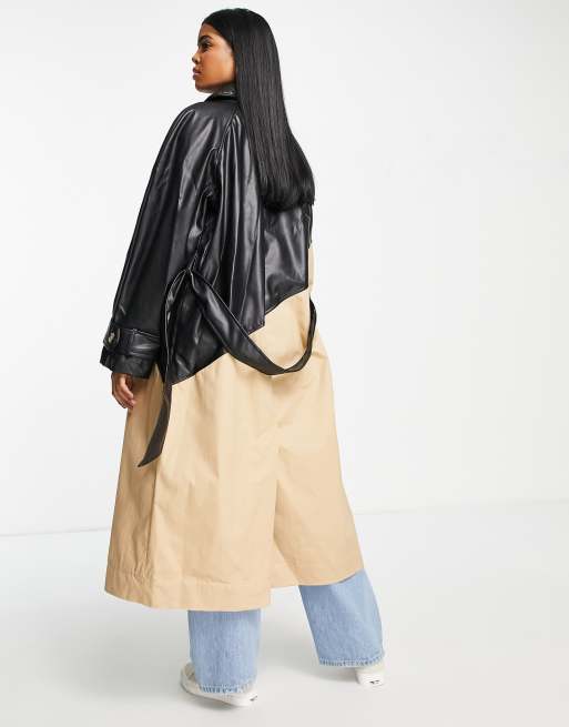 ASOS DESIGN – Kamiennobeżowy trencz z łączonych elementów z imitacji skóry, 3 z 4