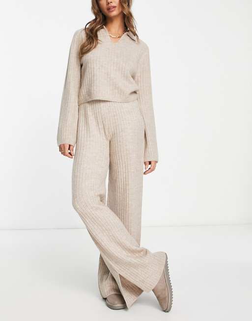 ASOS DESIGN – Kamiennobeżowy zestaw domowy z dzianiny premium: sweter z kołnierzykiem i spodnie
