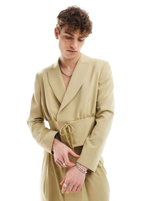 ASOS DESIGN – Kamiennoszara elegancka marynarka o krótkim fasonie z wiązaniem, część zestawu