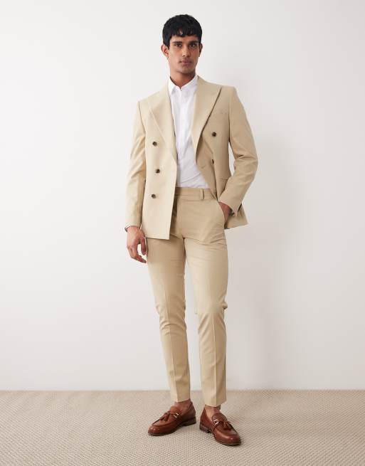 ASOS DESIGN – Szarobeżowy garnitur o obcisłym kroju z diagonalu z dwurzędową marynarką, 2 z 3