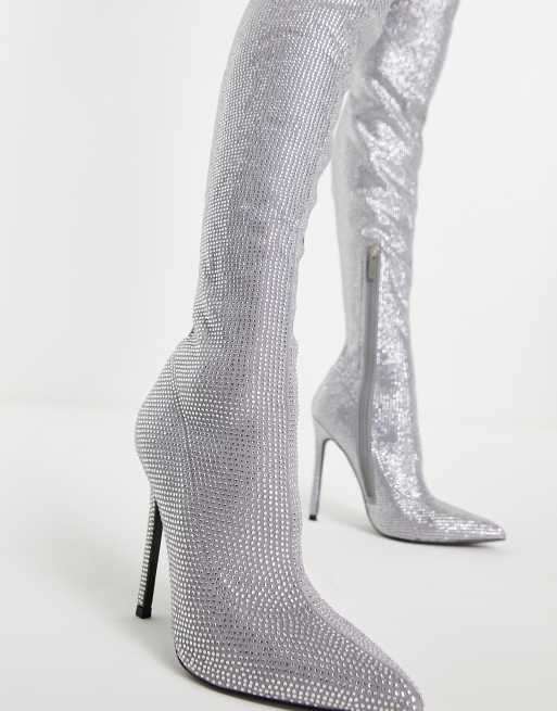 Silver glitter over store the knee boots