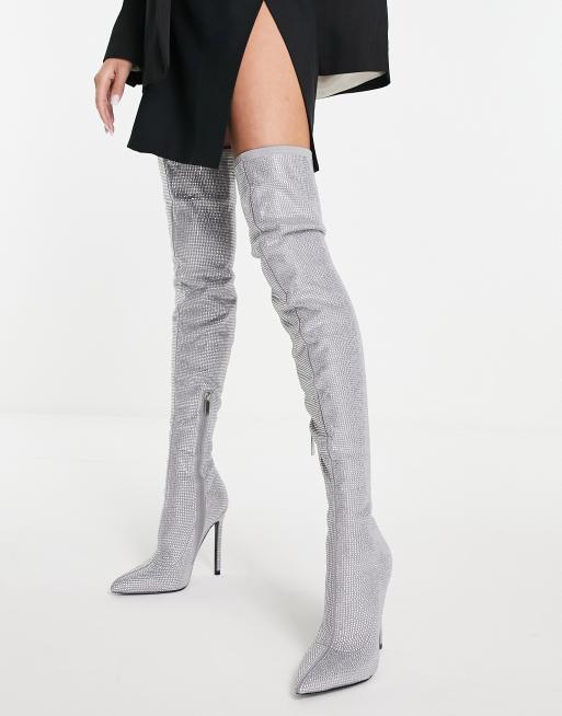ASOS DESIGN - Kamila - Udsmykkede overknee-støvler i sølvfarve