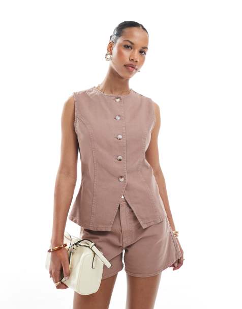 ASOS DESIGN denim cami waistcoat co-ord in mocha