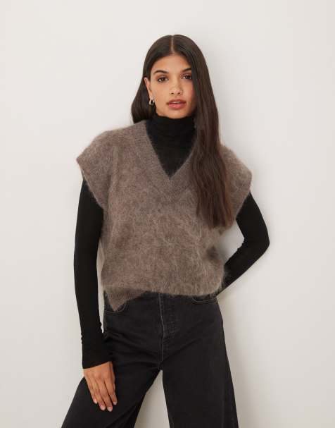 ASOS DESIGN premium mohair blend boxy high v tank in mocha - BROWN