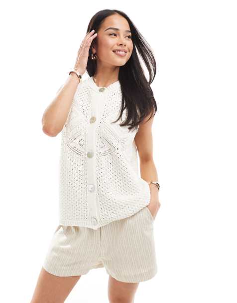 ASOS DESIGN crochet stitch waistcoat with gold buttons in ecru
