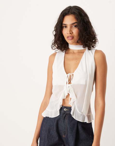 ASOS DESIGN ruffle waistcoat with scarf in ivory