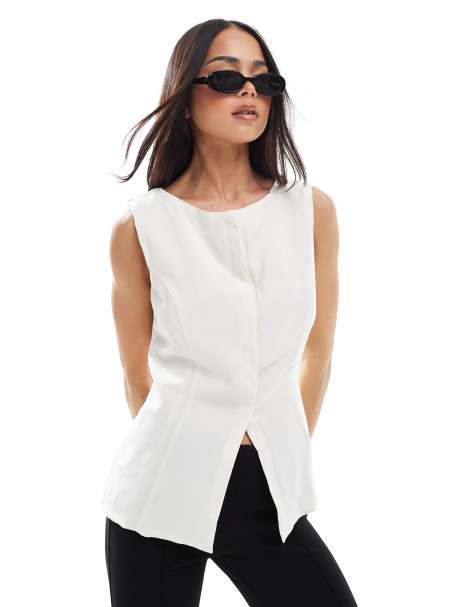 ASOS DESIGN linen blend slash neck waistcoat in ecru
