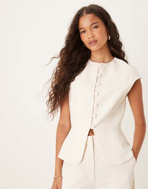 ASOS DESIGN linen blend cap sleeve waistcoat in ivory