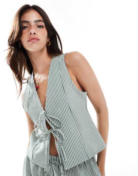 ASOS DESIGN – Kamizelka z wiązaniem z przodu w zielone paski - view 1