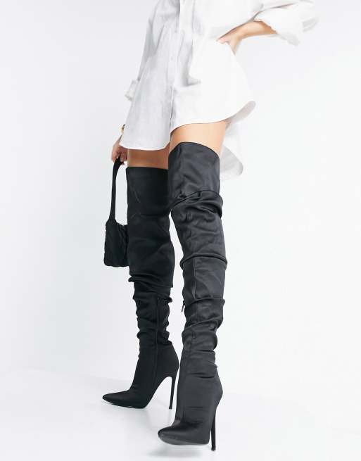 Black satin over shop the knee boots