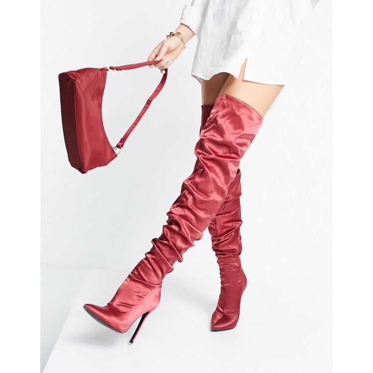 ASOS DESIGN Kammi ruched satin over the knee boots in red ASOS