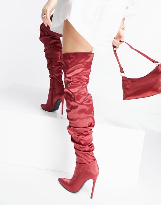ASOS DESIGN Kammi ruched satin over the knee boots in red, 2 of 4