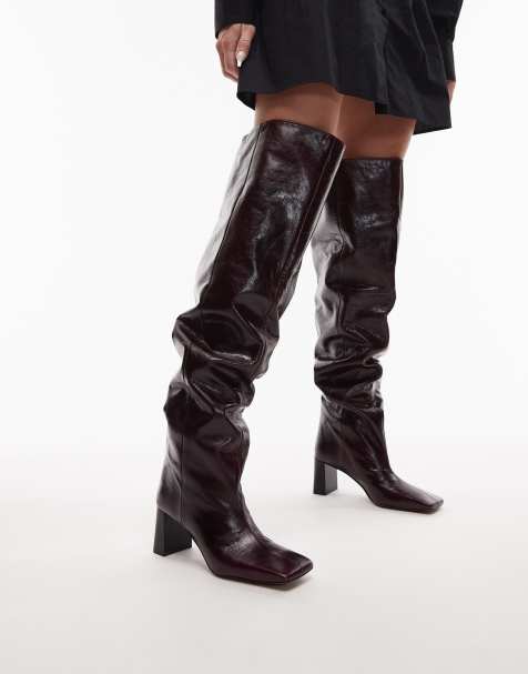 ASOS Design - Kane - Ruimvallende leren over-de-knie laarzen met vierkante neus in bordeauxrood - view 1