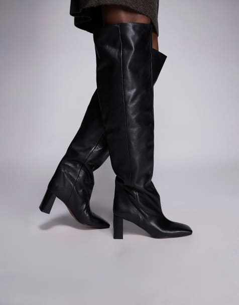 ASOS DESIGN Kane square toe slouchy over the knee boots in black leather - view 1