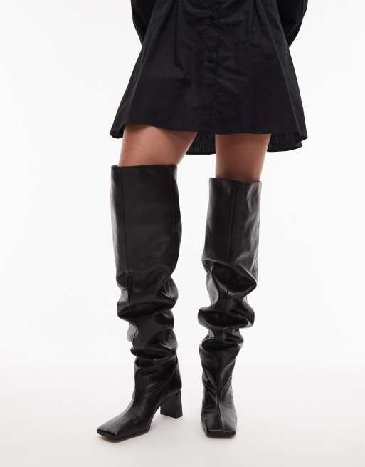 ASOS DESIGN Kane square toe slouchy over the knee boots in black leather, 3 of 4