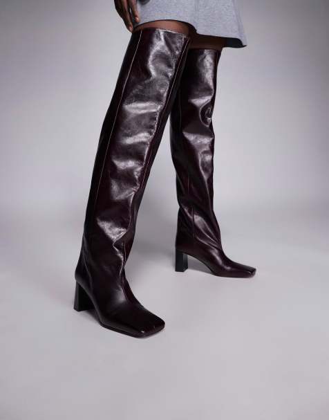 ASOS DESIGN Kane square toe slouchy over the knee boots in burgundy leather - view 1