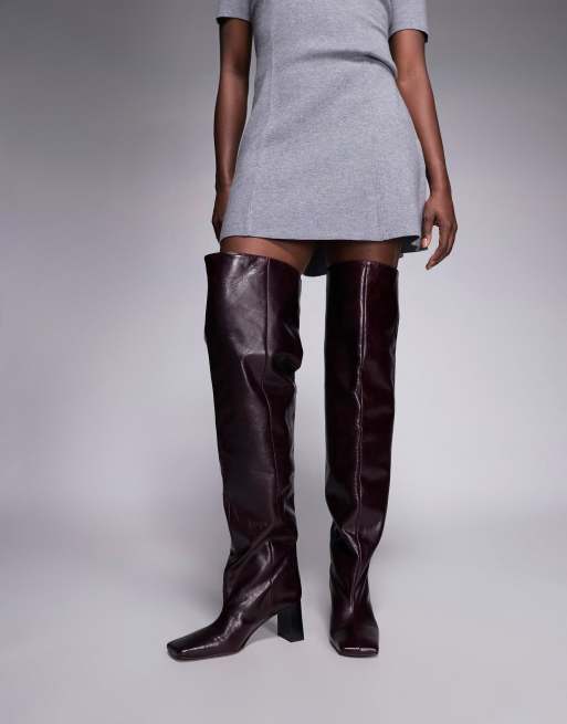 ASOS DESIGN Kane square toe slouchy over-the-knee boots in burgundy leather