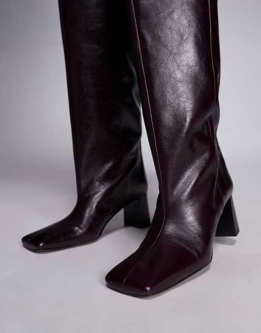ASOS DESIGN Kane square toe slouchy over-the-knee boots in burgundy leather
